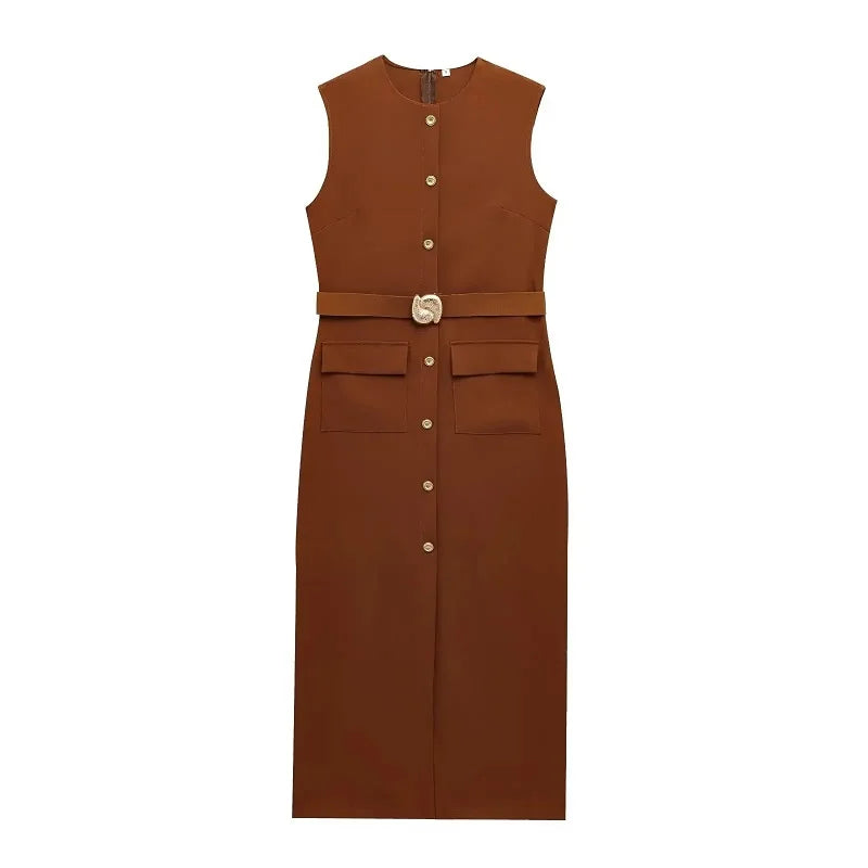 WOMAN 2025 Women's Dresses Black Office Long Dresses for Women Spring Sleeveless Midi Dress Woman Belt Button Women's Dress Vest