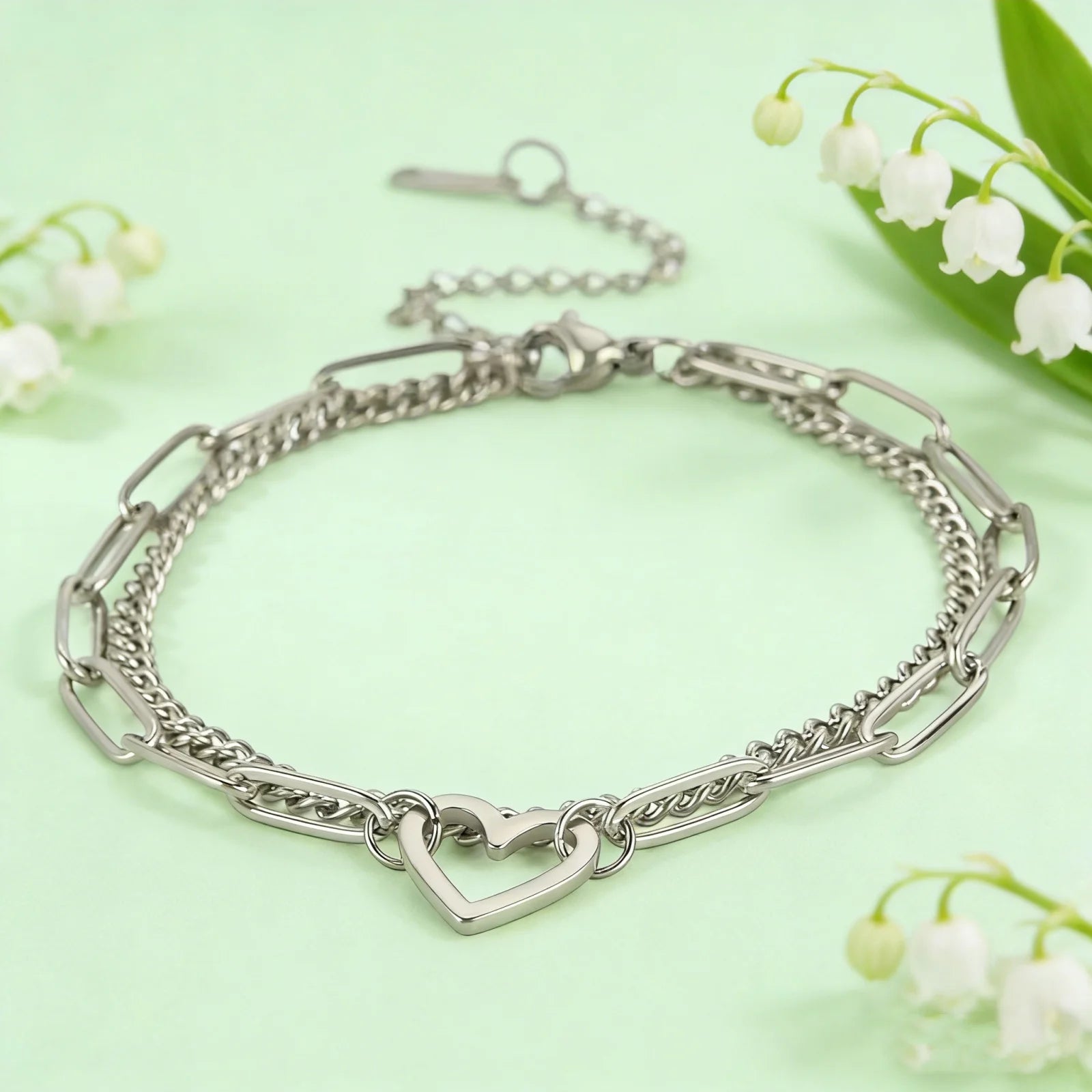 Heart Charm Bracelet Women's Stainless Steel Double Layer Paper Clip Chain Bracelet Jewelry Valentine's Day Gift New