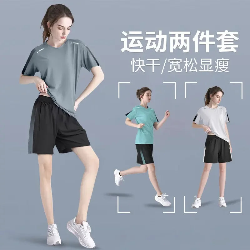 Women's Summer 2-Piece Sports Set - Quick-Dry Running T-Shirt & Plus Size Shorts for Gym, Badminton & Fitness (New Arrival)