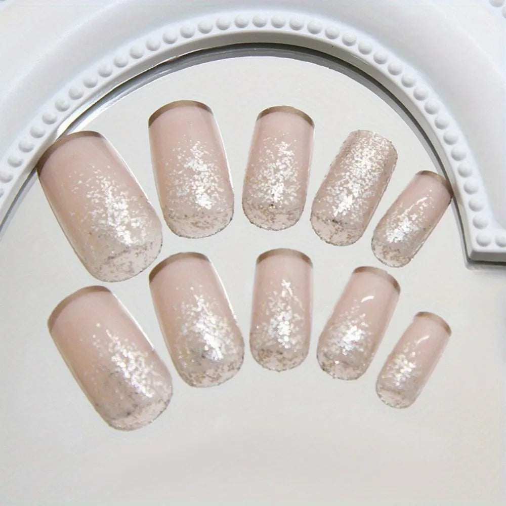 Medium Square Fake Nails for Women Girls White Pink Nail Tips with Golden Silver Sparkling Glitters Frame Design Press On Nail