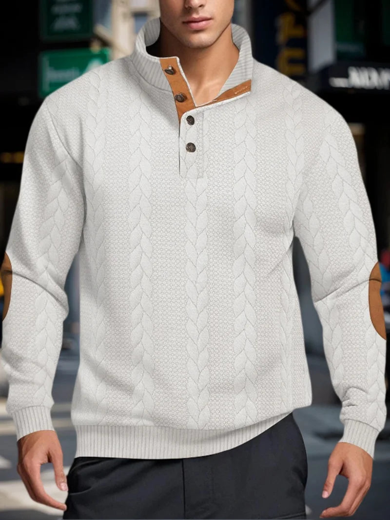 Men’s Knitted Jacquard Sweaters Button Stand-up Collar Warm Pullover Sweaters Outdoor Casual Men's Long-sleeved Sweatshirt