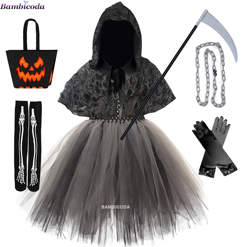 2025 Girls Demon Horror Death Halloween Costume Cosplay Fancy Dress Party Medieval Hooded Cloak Clothing Party Grim Clothes ﻿