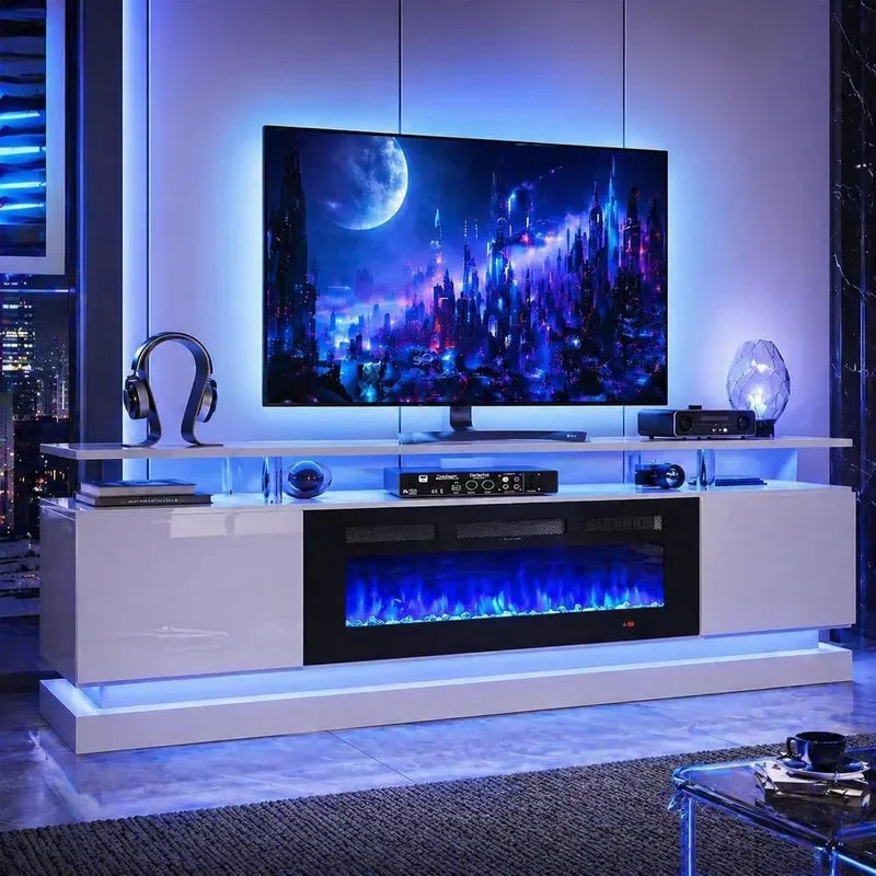 70 inch Modern TV Stand with Electric Fireplace for TVs up to 80 inches White Living Room Media Console Entertainment Center