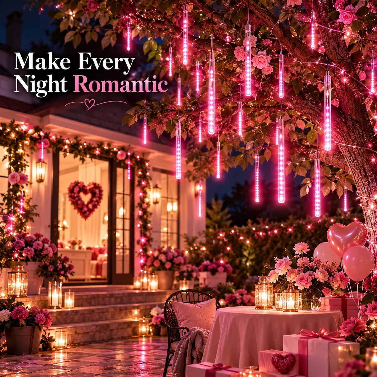 USB Pink Meteor Shower Lights Falling Rain Icicle LED Tube Fairy String Lights for Wedding Birthday  Window Christmas Decor