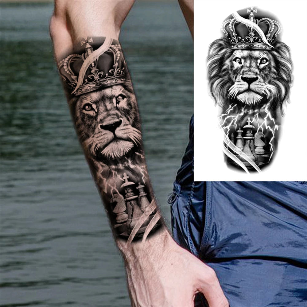1pc Lion Men Waterproof Temporary Tattoos Fake Stickers Arm Hand Cool Art Black Transfer Clock Tattoo Stickers Wolf Tiger Tattoo