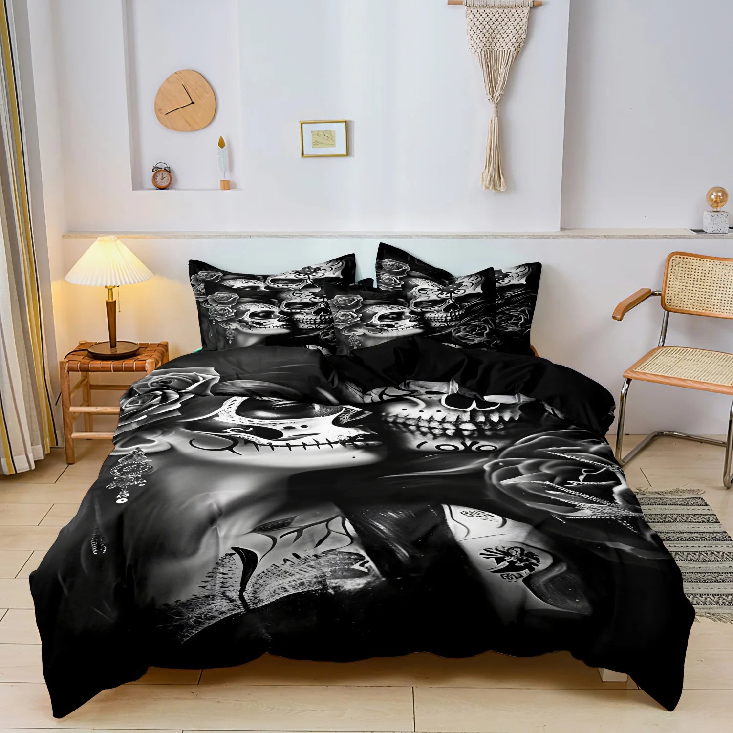3Pcs Gothic Mexican Sugar Skull Woman Duvet Cover Bedding Set Floral & Skull Patterns - Ideal For Day Of The Dead Celebrations