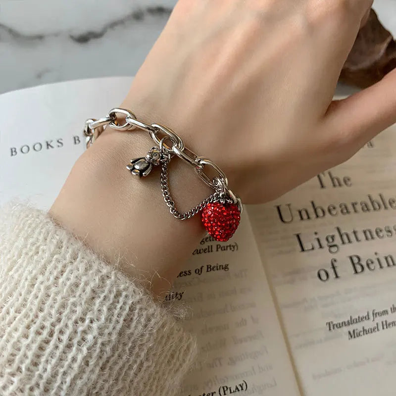 FOXANRY Silver Color Thick Chain Bracelets for Women Trendy Elegant Charming Sparkling Strawberry Zircon Party Jewelry