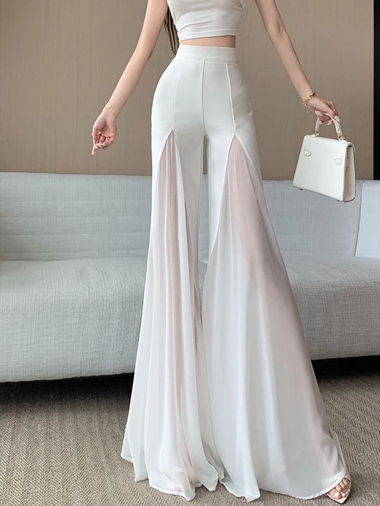 White mesh fishtail flared pants women summer thin design high waist hanging feeling elegant chiffon wide leg casual pants