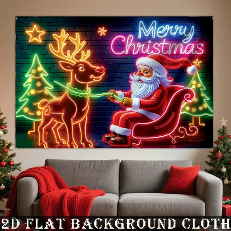 Neon Christmas Scene: Santa Claus and Reindeer, suitable for holiday parties and outdoor Christmas decorations