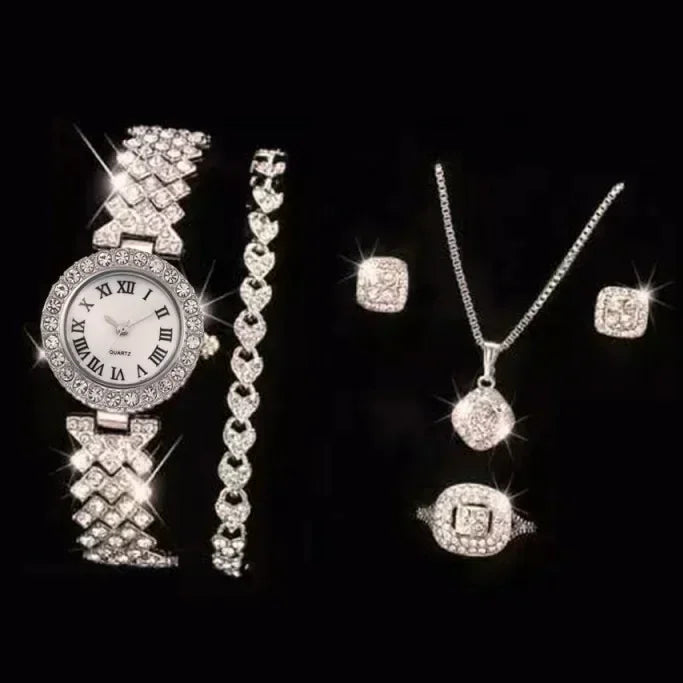 Fashion Luxury Full Crystal 5 Pcs Watch  Necklace Earrings  Ring  Set for Women Rhinestone  Wristwatch Female Bracelet Set Gift