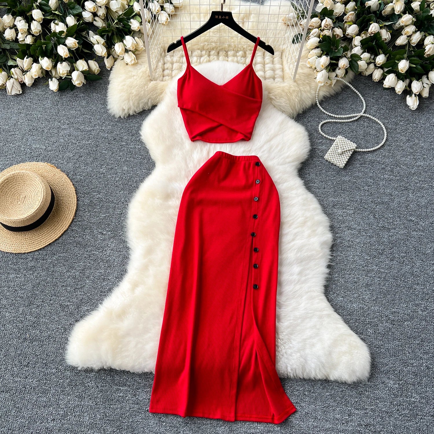 Foamlina Summer Sexy 2 Pieces Set for Women Solid V Neck Sleeveless Crop Camis Top and High Elastic Waist Split Long Skirt Suits