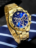 Gold alloy men's business steel bracelet quartz watch and chain bracelet necklace ring set - a birthday gift for him