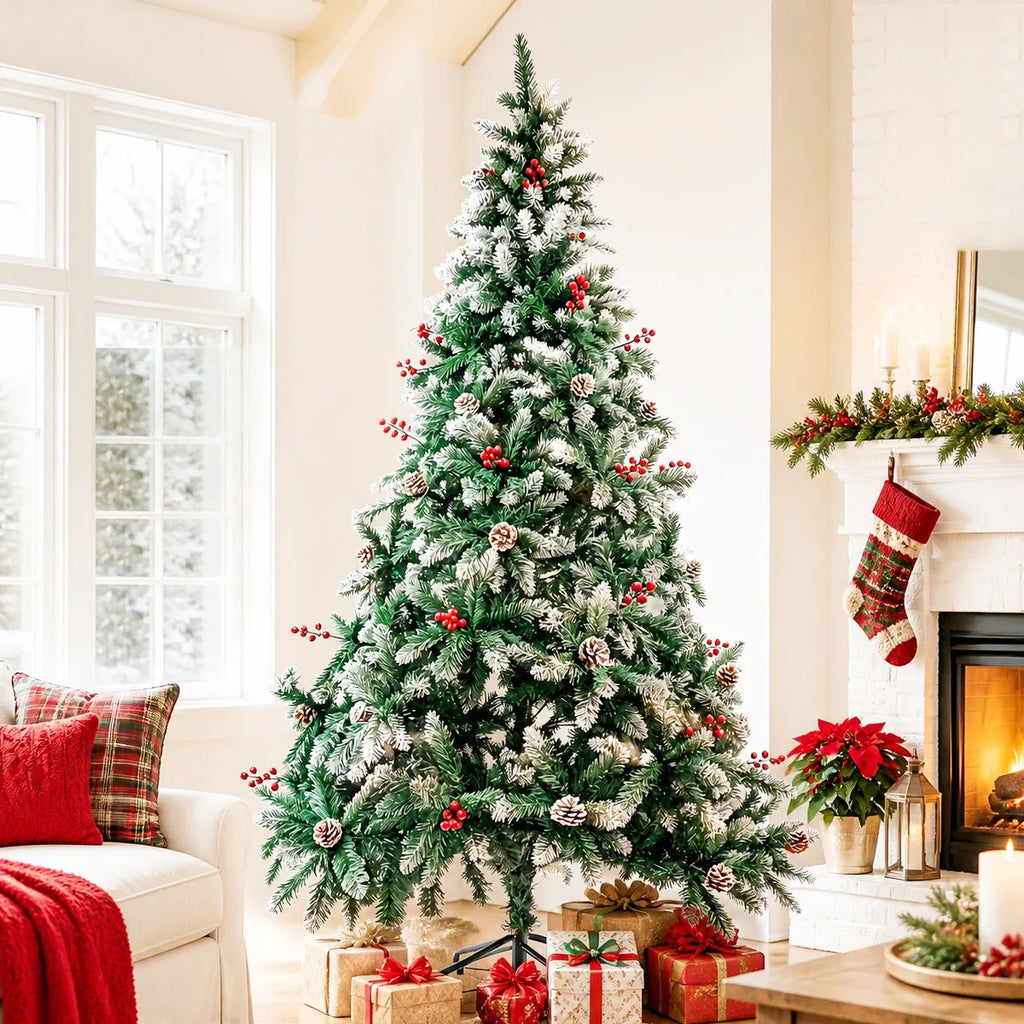 7FT 8FT Snow Flocked Artificial Christmas Tree with Pine Cones & Red Berries, Hinged Xmas Tree with Foldable Metal Stand for Indoor Holiday Home Decor