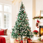 7FT 8FT Snow Flocked Artificial Christmas Tree with Pine Cones & Red Berries, Hinged Xmas Tree with Foldable Metal Stand for Indoor Holiday Home Decor
