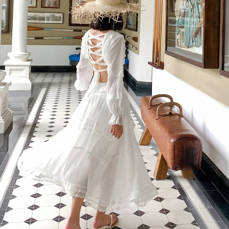 Super Chic White Sexy hollow out dress women backless lace up embroidery party dress dress summer beach holiday dresses