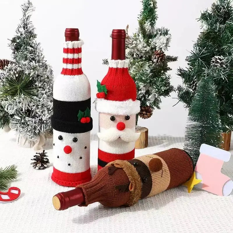 Christmas Wine Bottle Cover Set Santa Snowman Woven Wine Bottle Bags for Christmas Party Dinner Table Decorations New Year Gifts