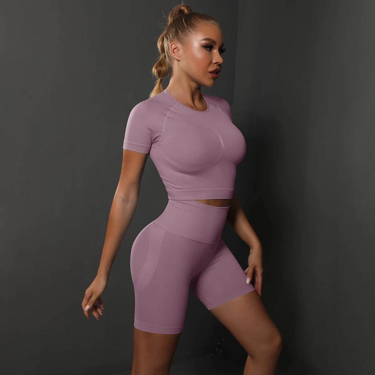 Summer Women Seamless Yoga Set Fitness Sportswear Workout Tracksuit Short Sleeve Crop Top High Waist Shorts Set Gym Clothing