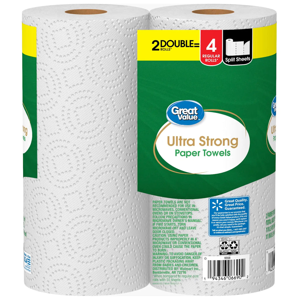 Holiday Bulk Savings | Large Capacity Value Pack | Great Value Ultra Strong White Paper Towels Premium 2-ply durable and highly absorbent household cleaning towels