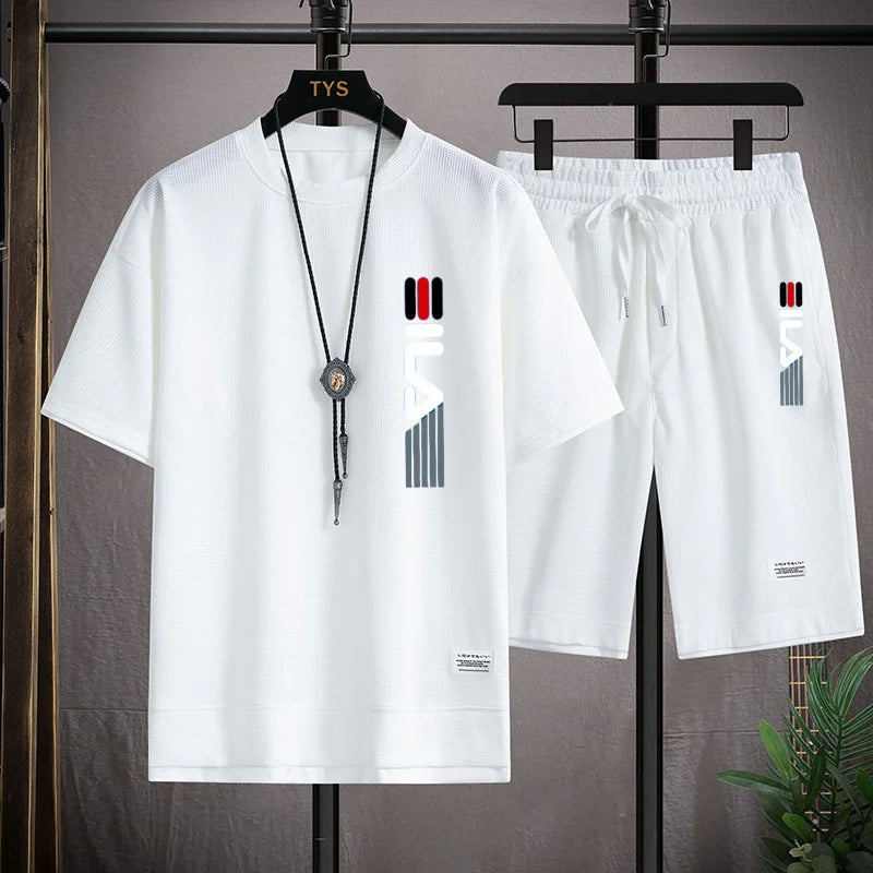 Men's summer 2026 fashionable outdoor new casual short sleeved T-shirt set, round neck hooded sweatshirt+sports shorts two-piece
