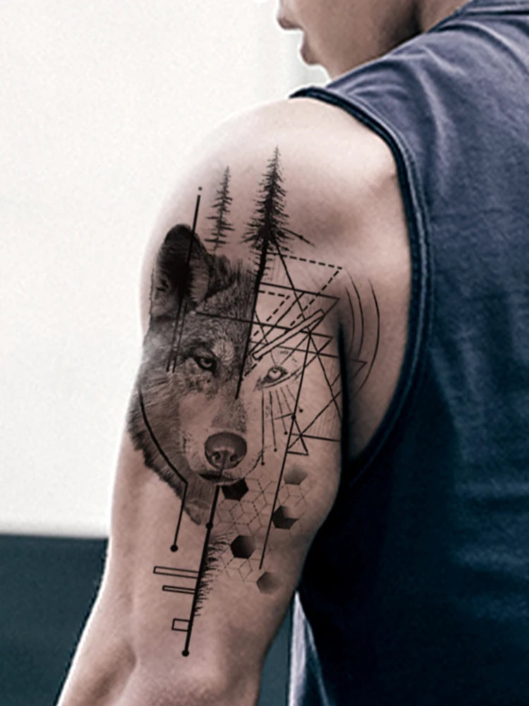 Waterproof Temporary Tattoo Sticker Forest Wolf Geometric Fierce Realistic Animal Body Art Arm Fake Tattoos Sleeve Women Men