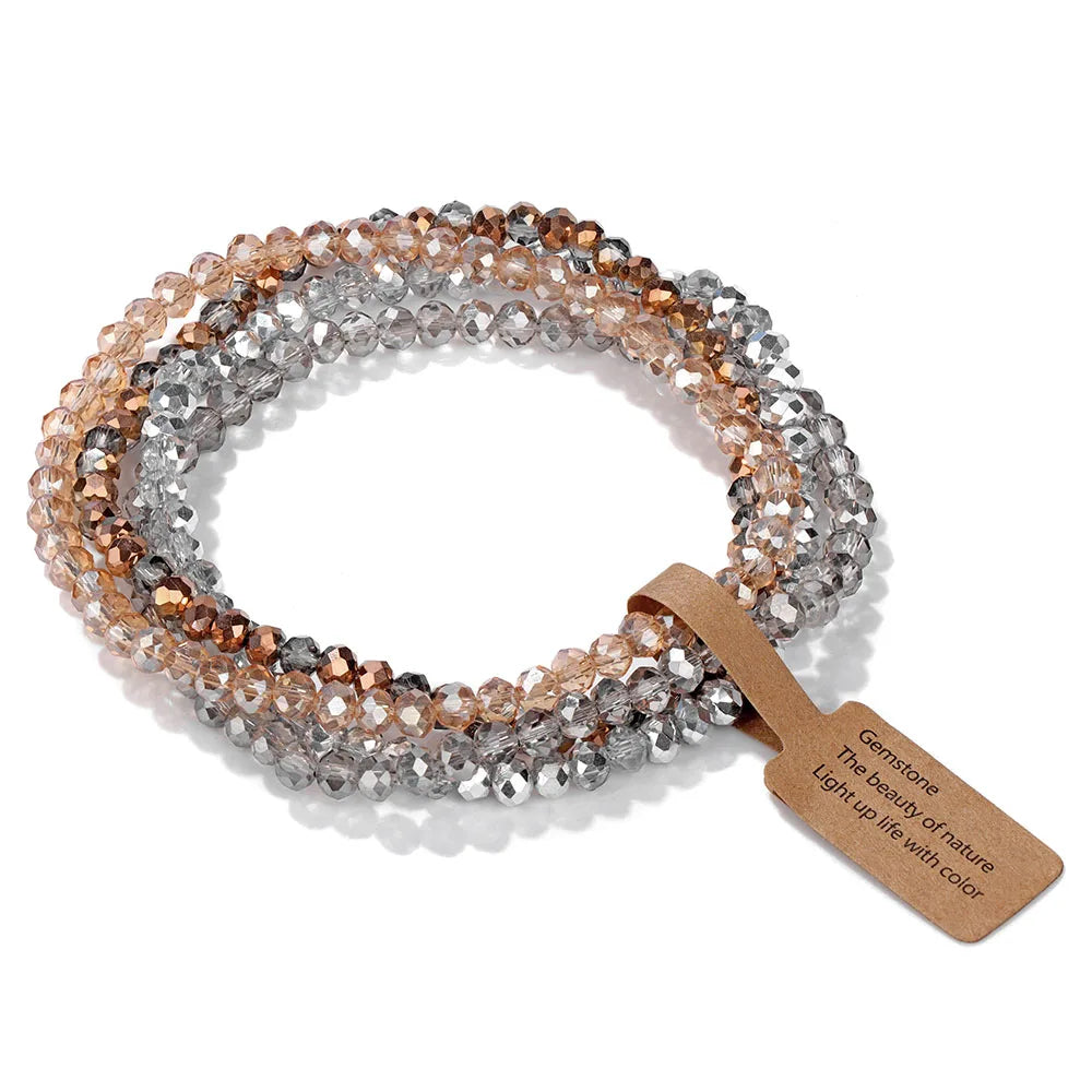 Colorful Glass Crystal Bracelets Set 4Pcs Faceted Pink Glass Crystal Bead Stretch Bangle Jewelry Gift For Women Girls Friend