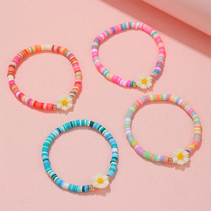 4Pcs/set Handmade Stretch Bracelets Flower Pendant Bracelet for Women Girls Party Birthday Jewelry Gift