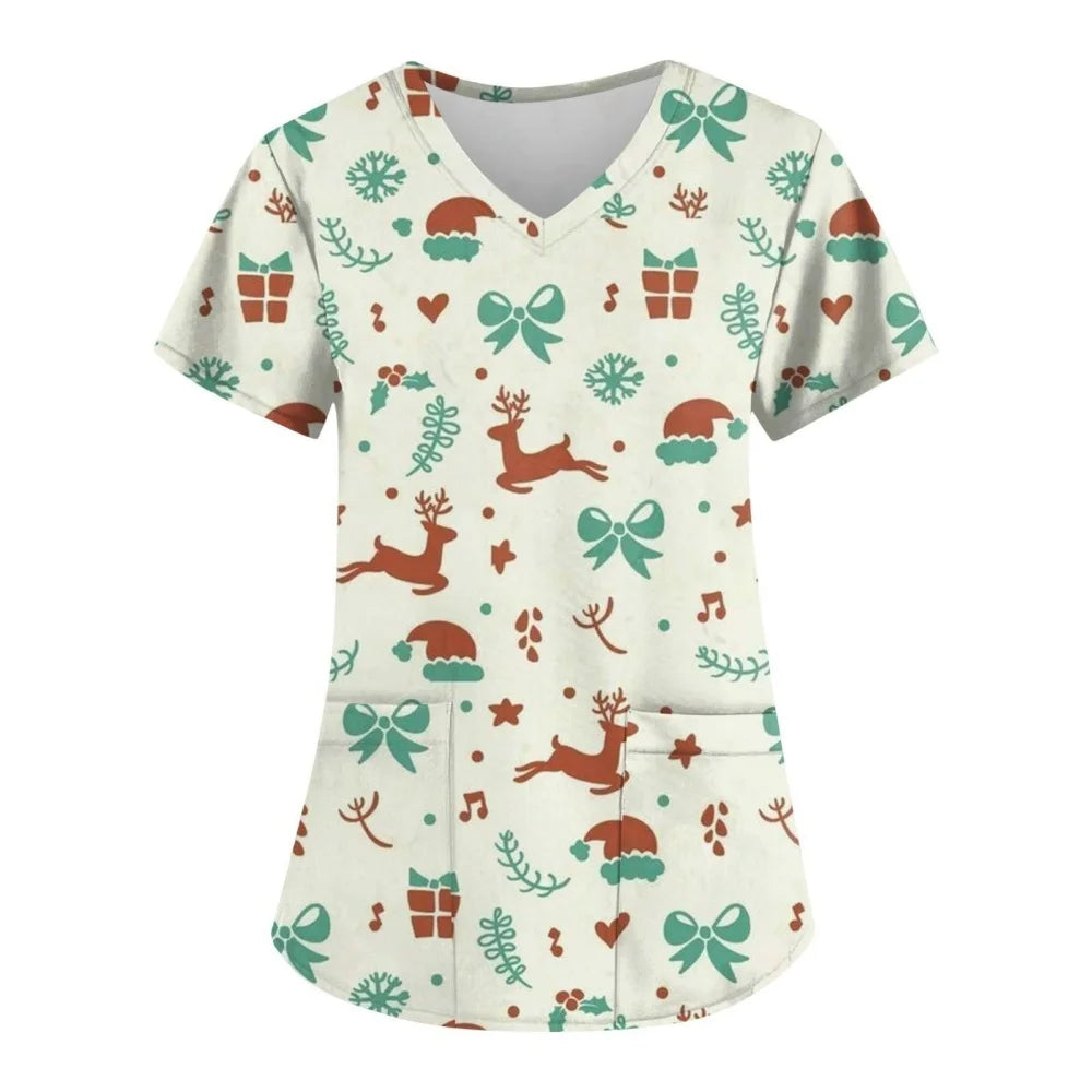 Christmas Scrubs Medical Uniforms Woman Fashion Snowman Print Summer Casual V-Neck Short Sleeve with Pockets Surgical Uniform