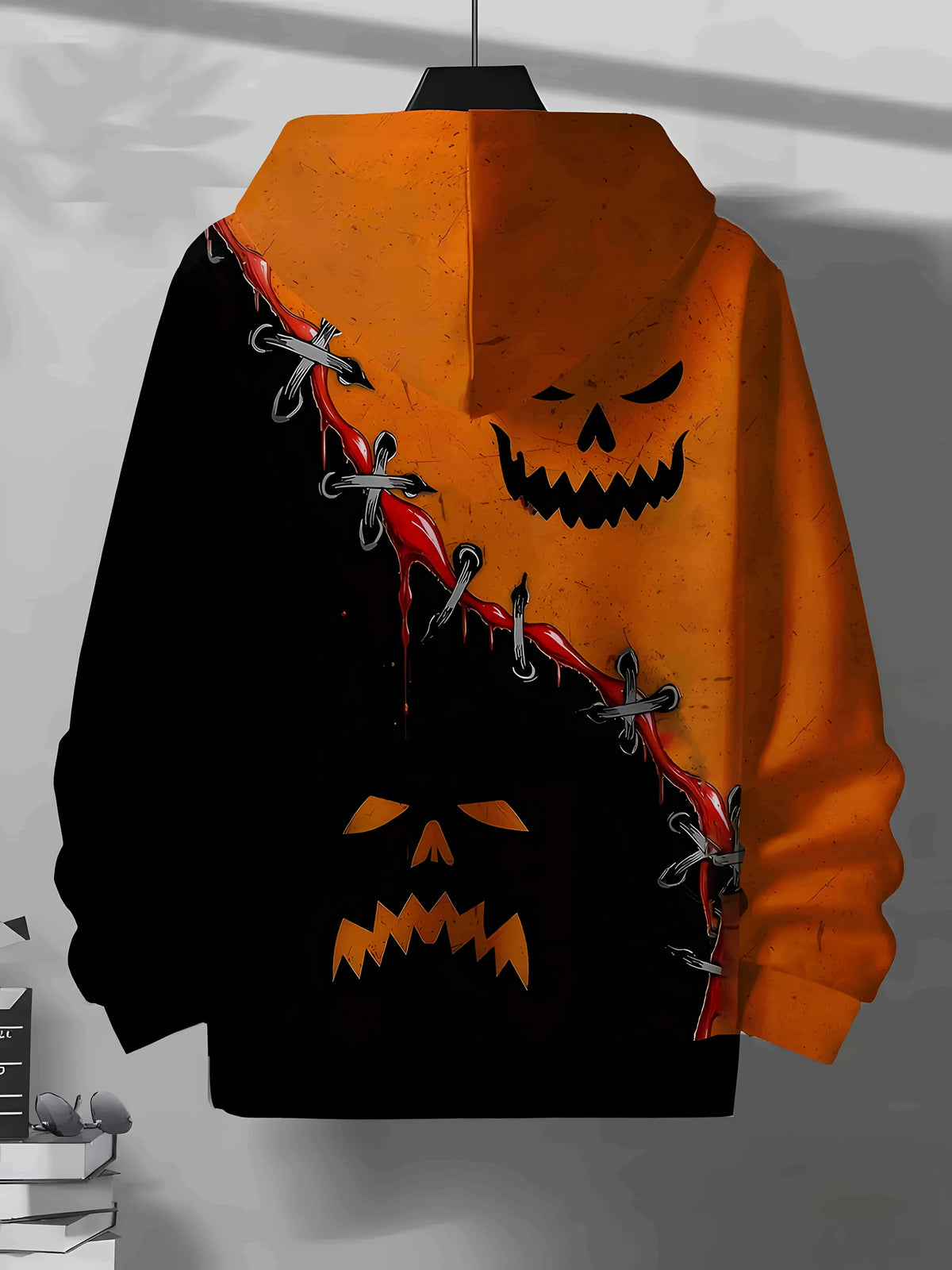 Men Halloween Stitch Pumpkin Face 3D Print Hoodie Split Black Orange Graphic Long Sleeve Pullover Sweatshirt With Pocket