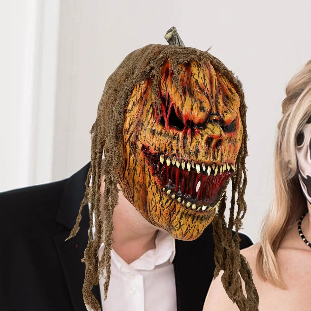 Horror Pumpkin Masquerade Mask Latex Cosplay Face Cover Creepy Halloween Costume for Carnival Party Role Play Performance
