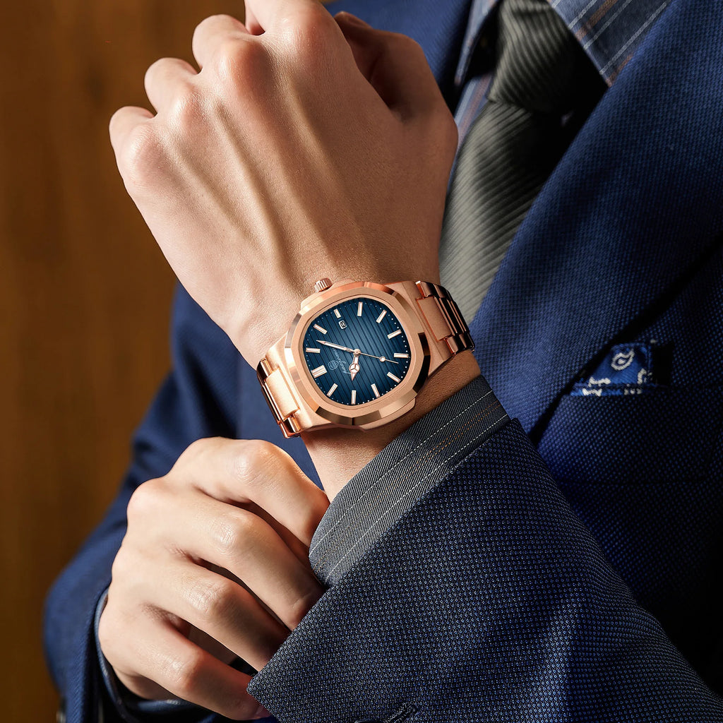 Business Men's Rose Gold Blue Striped Dial Watch Stainless Steel Strap Calendar Waterproof Quartz Sports Watch Birthday Gift