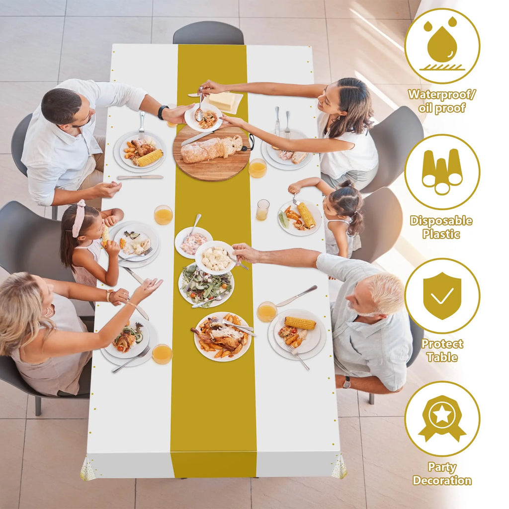 White Plastic Disposable Tablecloth Rectangle Party Table Cover Gold Dot Waterproof Table Cloth for Wedding Birthday Party Decor