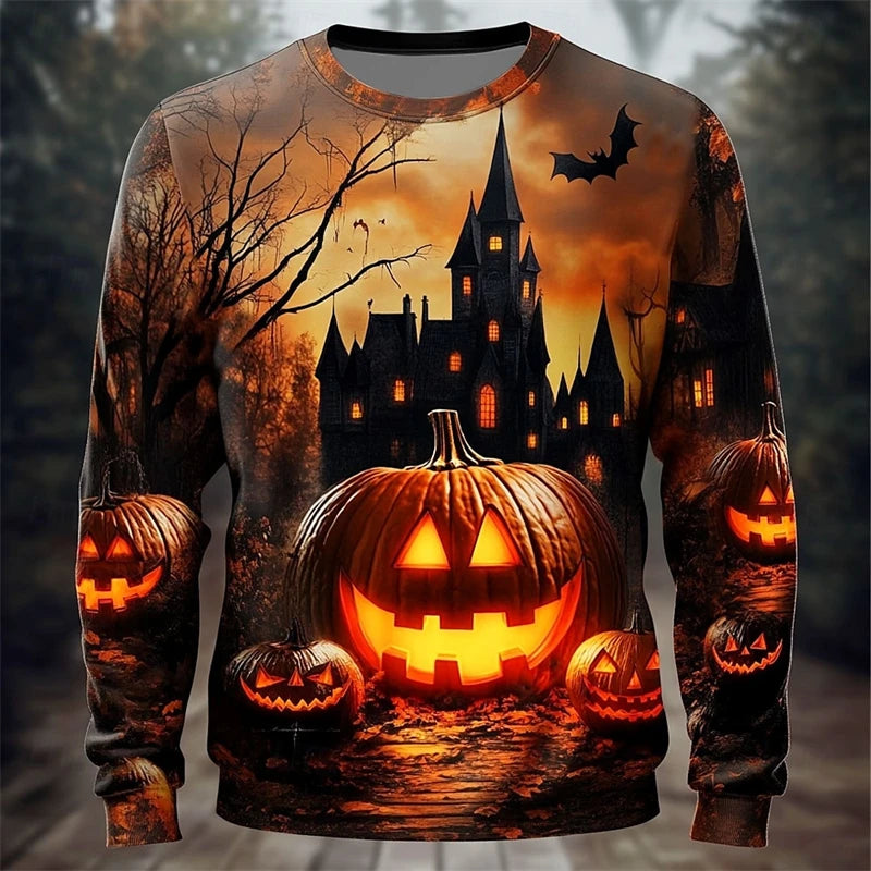Fall Halloween Pumpkin Print Long Sleeve Tops Sweaters Hip Hop Trend Y2k Clothes Casual O-neck Loose Pullover Funny Sweater Man