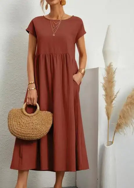 Dresses for Women  Cotton Linen Midi Casual  Short Sleeve Loose A-Line Sundress with Pockets  Solid Color Oversized Long Dress