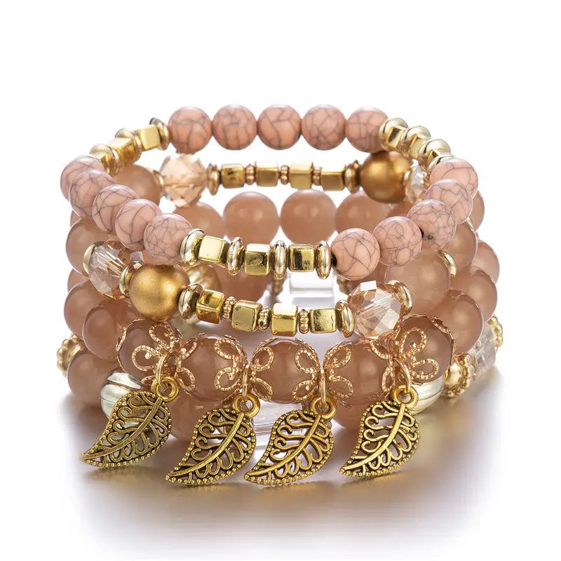 4Pcs Fashion Stone Beads Bracelets Set For Women Retro Gold Color Leaves Charm Beaded Chain Handmade Bangle Boho Jewelry