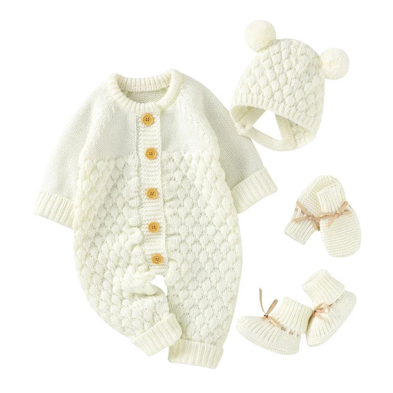 Newborn Baby Clothes Set Knitted Infant Girl Boy Romper +Hat +Gloves +Shoes Fall 4PC Long Sleeve Jumpsuit Outfits +Mitten +Boots
