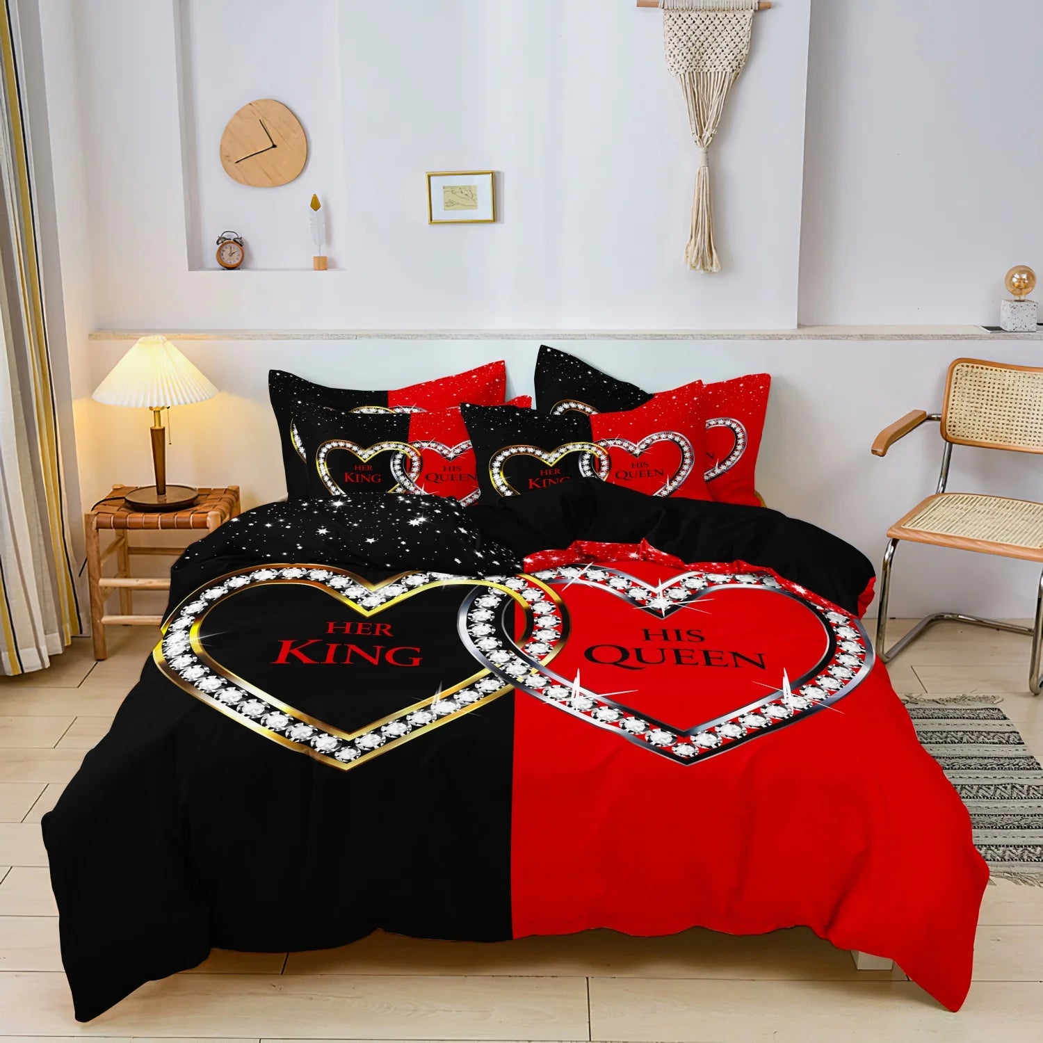 3pcs Romantic Couple Crystal Heart King & Queen Bedding Duvet Cover Set -  Machine Washable, Digital Print For Home And Dorm Use