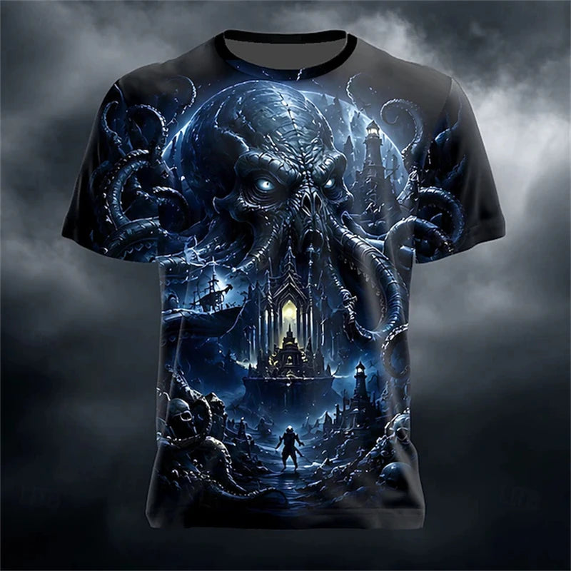 Men's Summer Skull-Printed Horror-Themed Crew-Neck T-Shirt Fashionable Trendy Street-Style Short-Sleeve Top for Halloween