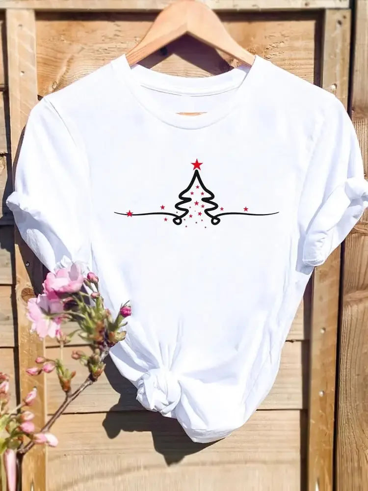 Merry Christmas New Year Holiday Graphic T Tee Fashion Cat Tree Lovely 90s Cute Harajuku Kawaii T-shirt Women's Y2K Clothing