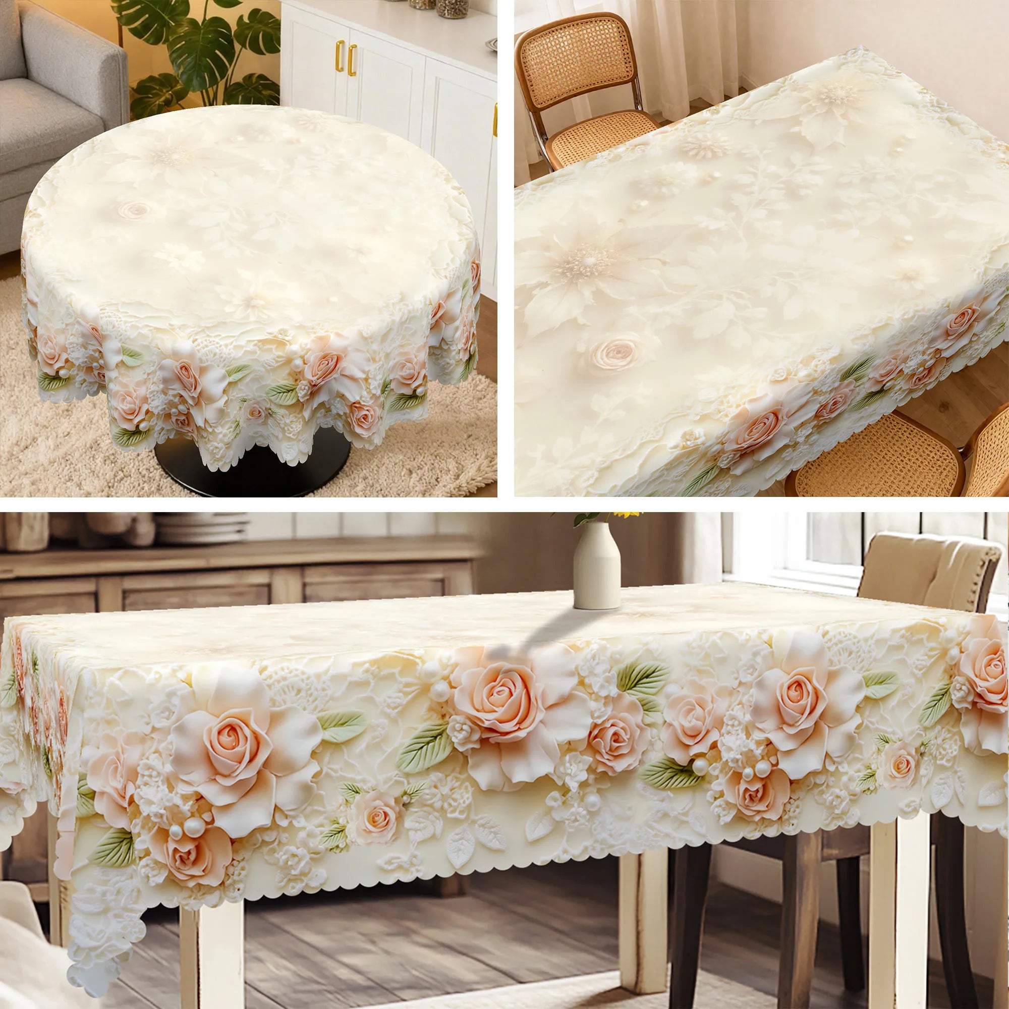 Elegant Floral-Themed Printed Tablecloth, High-Quality White and Gold Pattern, Embossed Edges, Durable, Waterproof, Oil-Proof, Stain-Resistant, Wrinkle-Resistant, Non-Fading, Machine Washable, Reusable, Perfect Gift for Famil