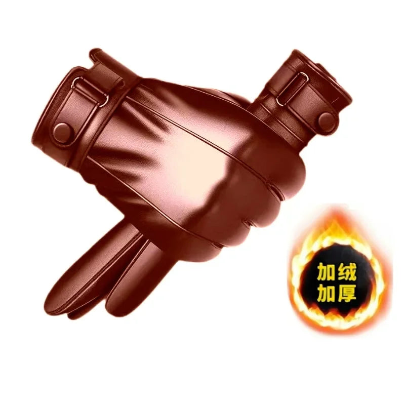 Winter Gloves for Men Genuine Leather Gloves Warm Plus Velvet Touch Screen Gloves Outdoor Cycling Driving Motorcycle PU Gloves