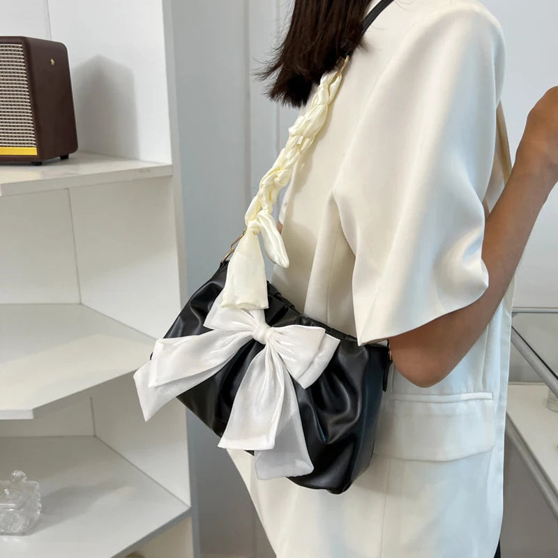 Lovely Bow Handbags for Girls Ladies Fashion Pleated Shoulder Bags for Women Simple Design Female Underarm Bag Casual Tote Purse
