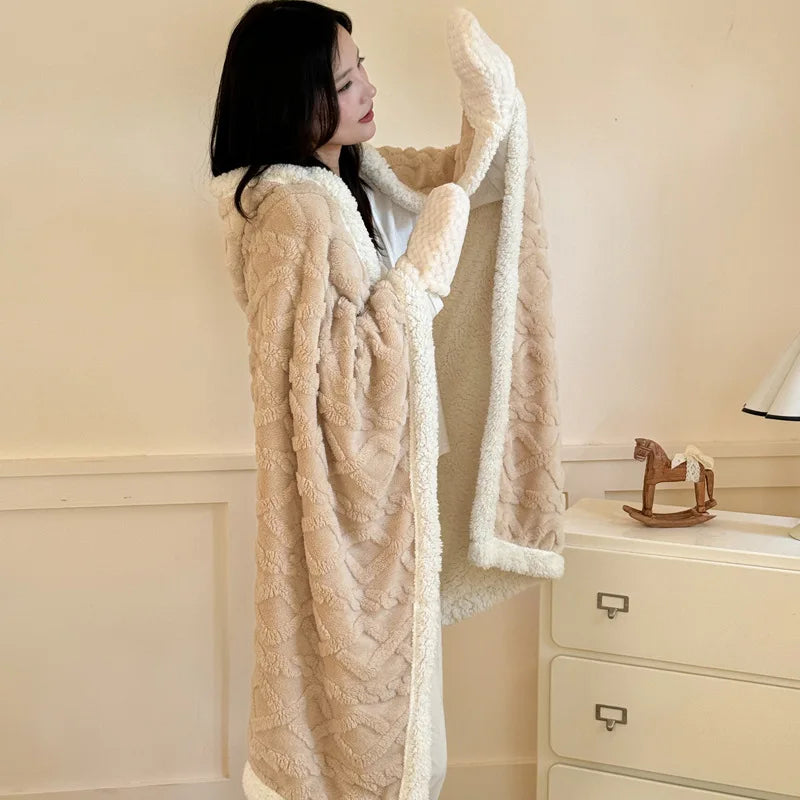 New Taffeta Fleece Hooded Blanket Warm Sherpa Lined Blankets with Giant Pocket Solid Color Skin-Friendly Office Nap Plush Cloak