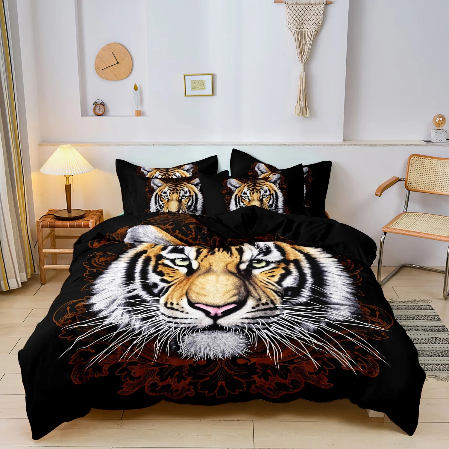 3pcs Black Tiger Face Duvet Cover Set,Wild Animal Bedding,Suitable For Family Bedrooms, Hotels, And Dormitories