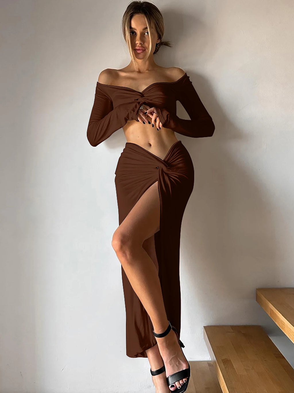 Hugcitar Elegant 2 Piece Sets Solid V Neck Long Sleeve Ruched Sexy Crop Top Slit Midi Skirt Winter Women Clothes Party Birthday