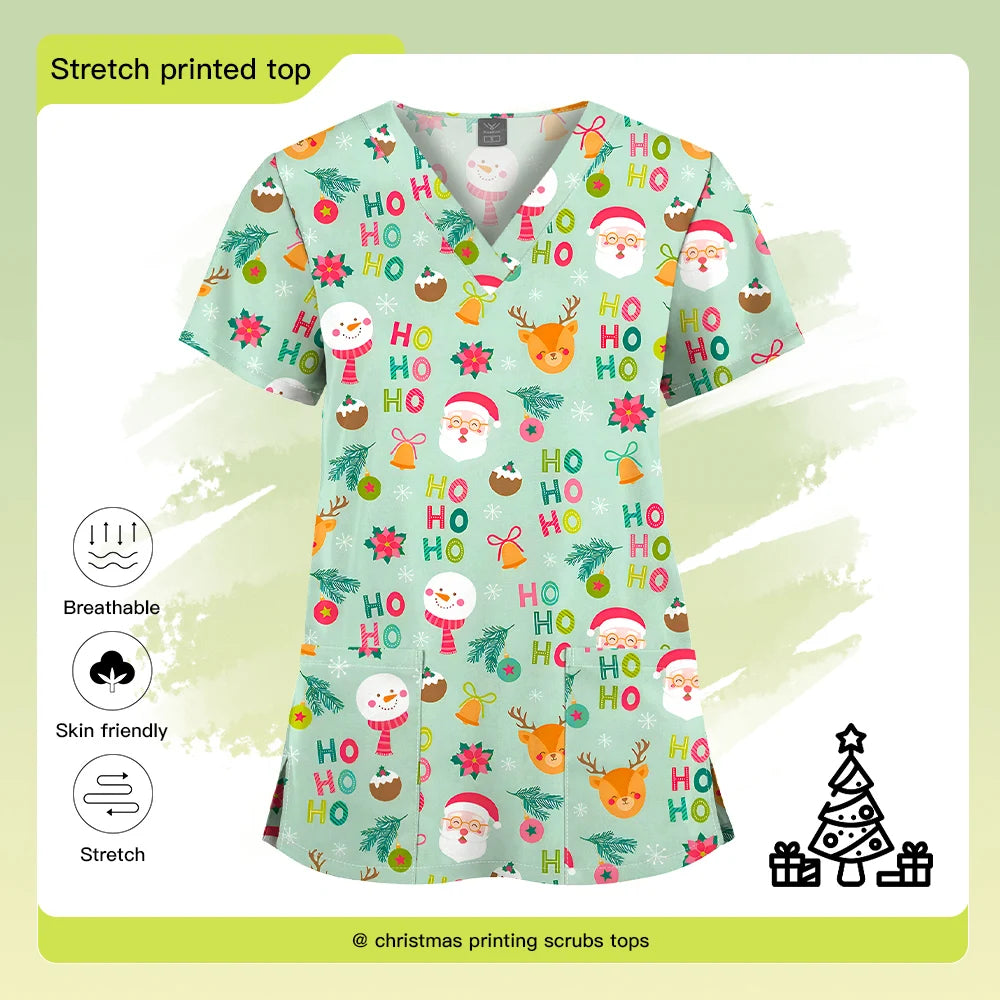 Christmas Print Scrubs Tops Women Short Sleeve V-neck Blouse Nurse Uniforms T-Shirt Medical Working Uniform Veterinary Workwear
