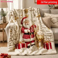 Santa Reindeer Christmas Blanket, 2D Flat Print Flannel Throw for Holiday Home Decoration