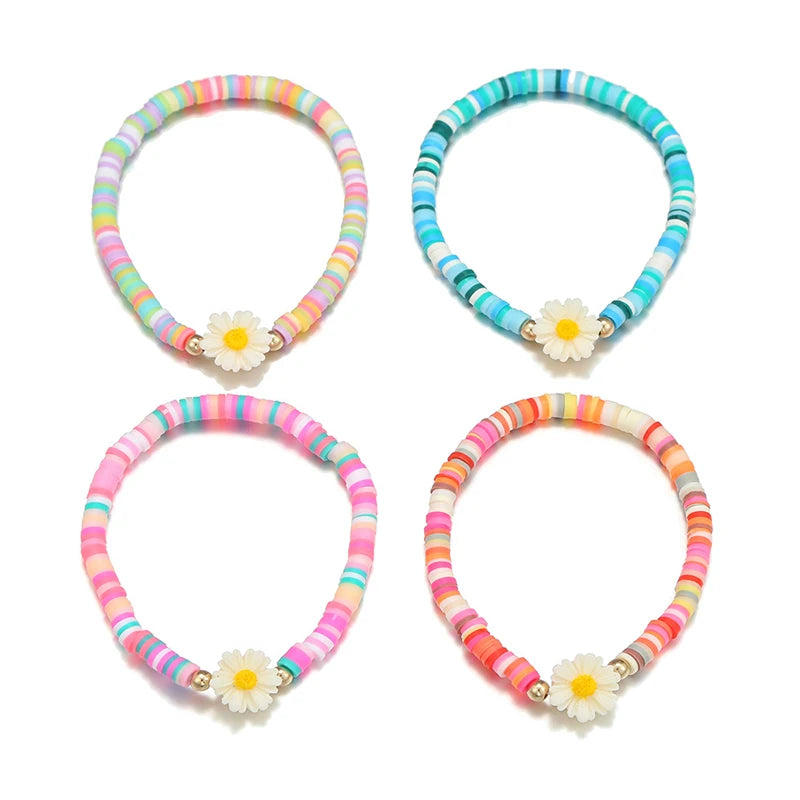 4Pcs/set Handmade Stretch Bracelets Flower Pendant Bracelet for Women Girls Party Birthday Jewelry Gift