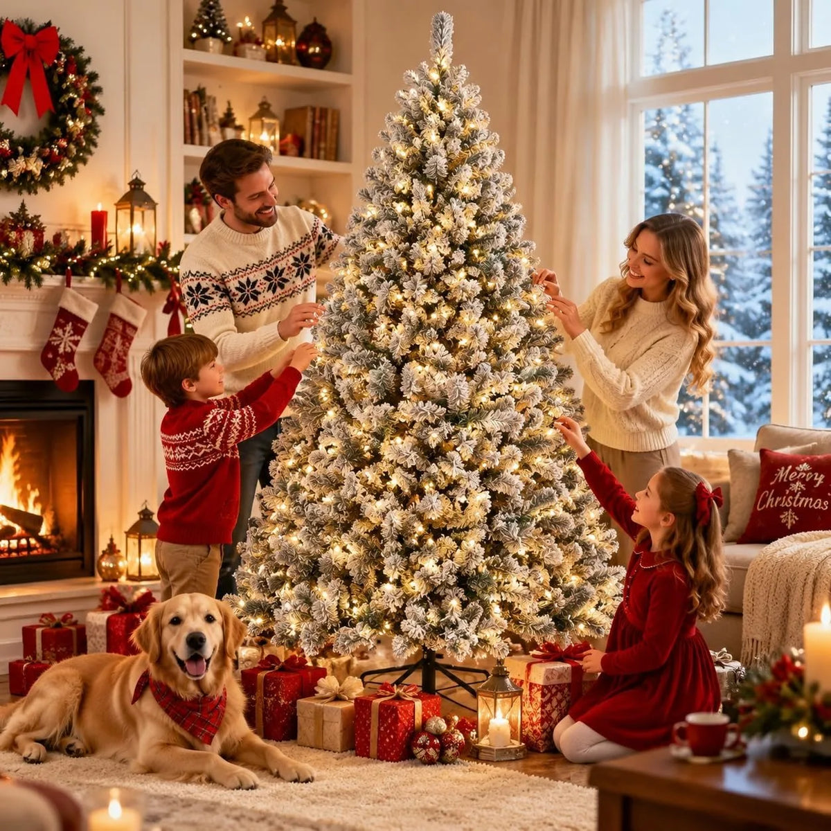 Prelit Artificial Christmas Tree with 100 Lights Snowflake Decorations Hinged PVC Branches Iron Trunk and Folding Metal Stand Green and White Holiday Decor for Living Room Home Christmas Party