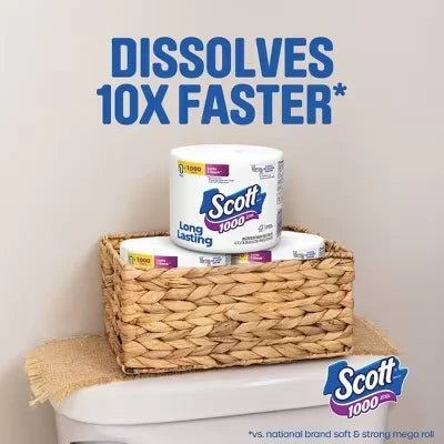 Bathroom Tissue 1000 Septic-Safe 1-Ply - 4 Rolls: 1000 Sheets Per Roll for Everyday Household Use