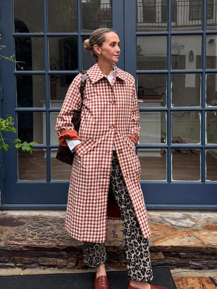 Women Red Plaid Long Trench Coat Casual Lapel Single Breasted Full Sleeve Windbreaker Jacket 2025 Autumn New Lady Streetwear